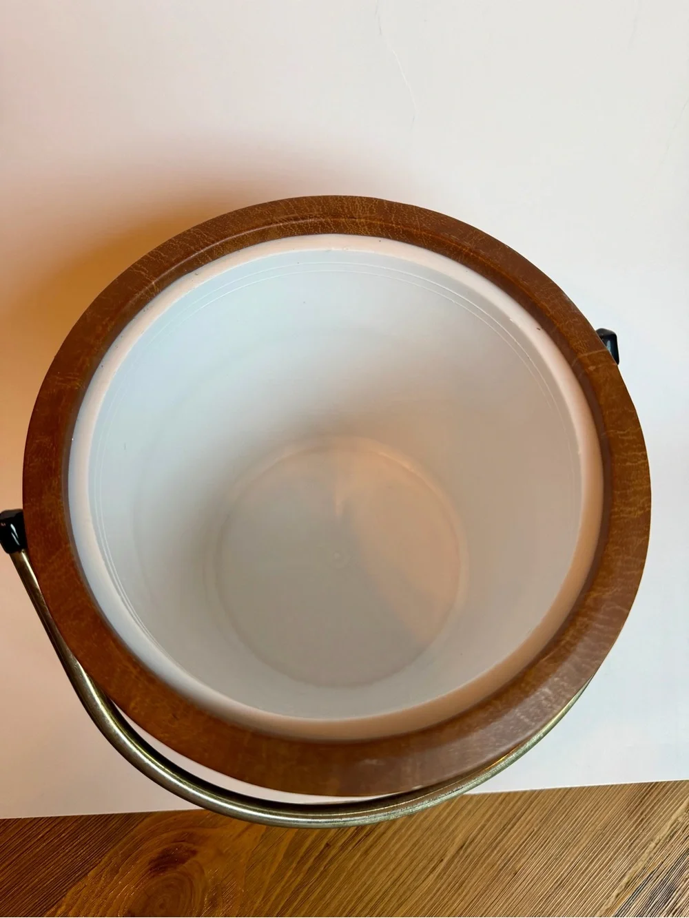 Vintage Faux Leather Ice Bucket Gold Tone Handle Mid Century Barware Brown